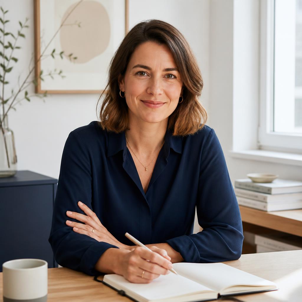 De auteur van het werkboek Langetermijnbeleggen voor Beginners aan haar bureau