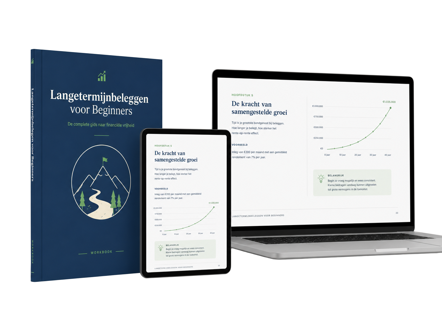 Het werkboek Langetermijnbeleggen voor Beginners op papier, tablet en laptop